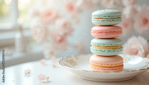 Fototapeta pastel macarons stacked on a ceramic plate with soft floral background bokeh; natural window light, refined patisserie styling, elegant French dessert.