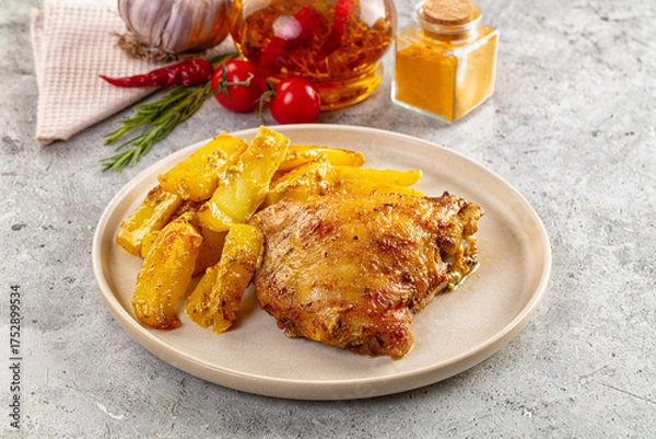 Fototapeta Baked chicken thighs with potatoes