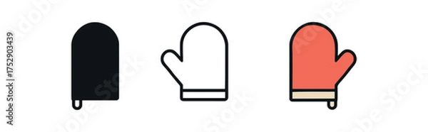 Fototapeta oven mitt icon on white background Black silhouette flat icon outline icon and colored icon style. 1x3 grid. three minimal vector icon style.centered composition clear white space around