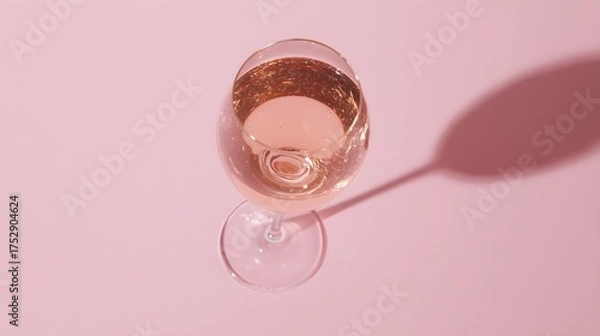 Obraz brut. Glass of rose sparkling wine on a pastel pink background, captured from above with soft shadows and studio lighting. bar promotions.