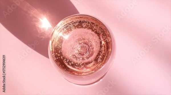 Obraz brut. Glass of rose sparkling wine on a pastel pink background, captured from above with soft shadows and studio lighting. bar promotions.