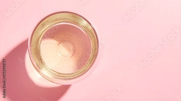 Obraz brut. Glass of rose sparkling wine on a pastel pink background, captured from above with soft shadows and studio lighting. bar promotions.