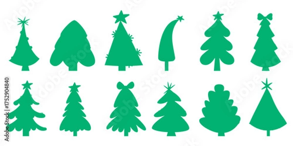 Fototapeta Green silhouette christmas trees set with festive shapes and decorations