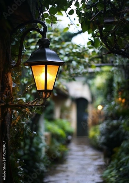 Fototapeta Glowing lantern path through garden