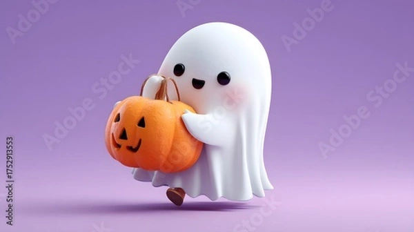 Fototapeta Halloween ghost with pumpkin on purple background.
