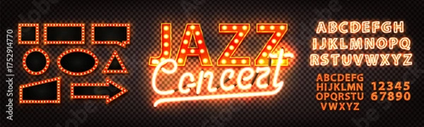 Fototapeta Vector neon sign of Jazz Concert with marquee frames and alphabet set isolated on transparent background.