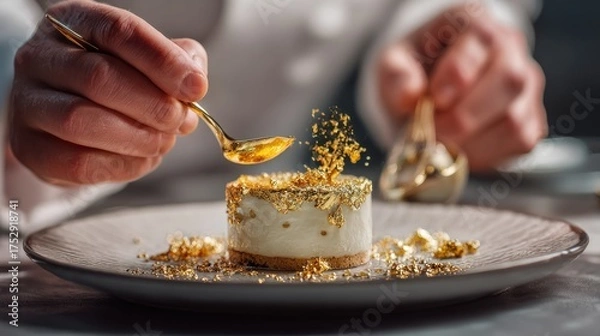 Fototapeta A chef delicately garnishes a luxurious dessert with gold flakes, showcasing exquisite culinary artistry on an elegant plate.
