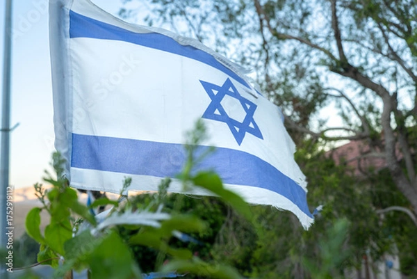 Fototapeta The Israeli flag flutters gently in a tree-lined area, symbolizing national pride during efforts for the liberation of hostages. This moment captures hope and solidarity in Israel.