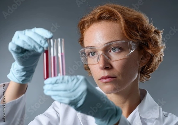 Fototapeta Female Scientist Holding Test Tubes with Red Liquid in Laboratory Safety Goggles