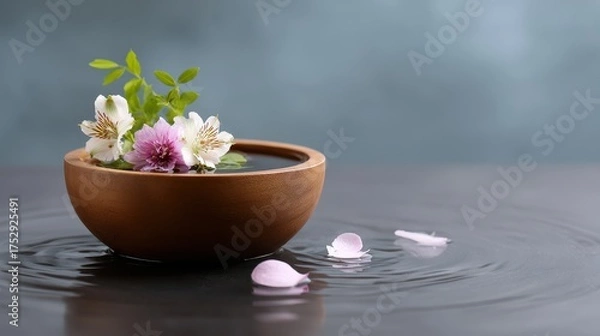 Fototapeta Small Bowl With Pink and White Flowers Floating On Rippling Water With Petals Scattered