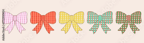 Fototapeta Set of Pastel Coquette Christmas Decorative Ornaments and candy, Doodle Hand Drawn, Vintage paper fabric Bows Seamless Pattern. Retro Decorative Tied Knots and Ribbons with polka dot. Holiday wrapping