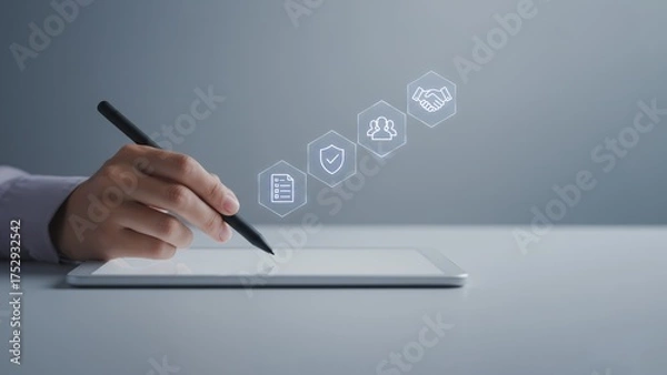 Obraz A hand writing a under floating glowing legal icons on a tablet, hospitality employee signing compliance policy, hospitality business legal compliance