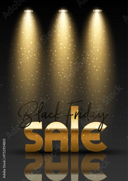 Fototapeta Black Friday Sale background with golden lettering under 3 gold spotlights with sparkles