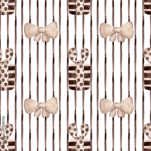 Fototapeta Modern striped seamless pattern. Thin vertical brown watercolor stripe and multi-colored bows with gift boxes. A simple and straightforward print for pillows, tablecloths, and other fabrics