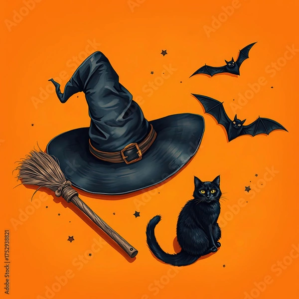Fototapeta A witch's hat, a broomstick, a black cat, and two bats, referring to a missed witch,  dramatic black color on a orange background