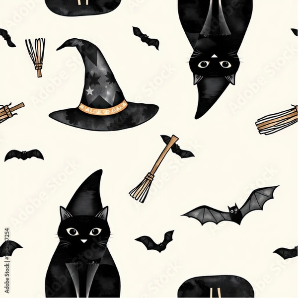 Fototapeta A minimalist, repeatable pattern of Halloween icons, including a witch's hat, broomsticks, black cats, and bats, drawn in simple black outlines on a white background.eps