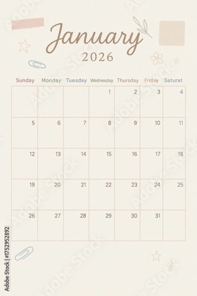 Obraz aesthetic January 2026 Calendar print with beige background 