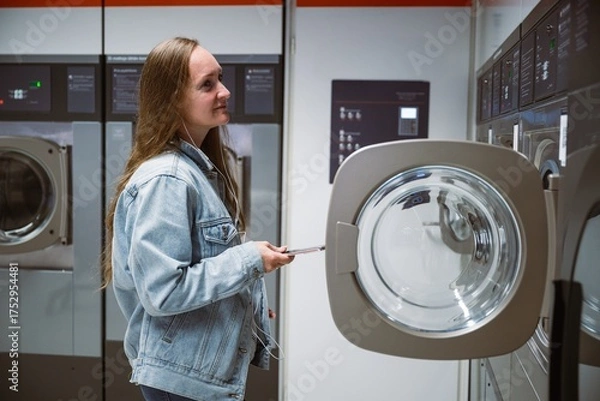Fototapeta Woman using washing machine in self service laundry with smartphone in hand