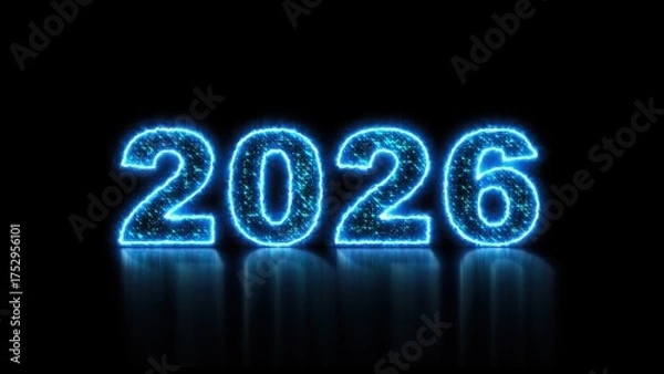 Obraz 2026 glowing neon technology text. Computer generated 3d render