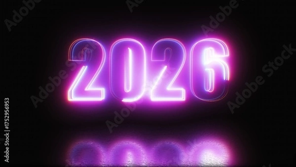 Obraz 2026 glowing neon technology text. Computer generated 3d render