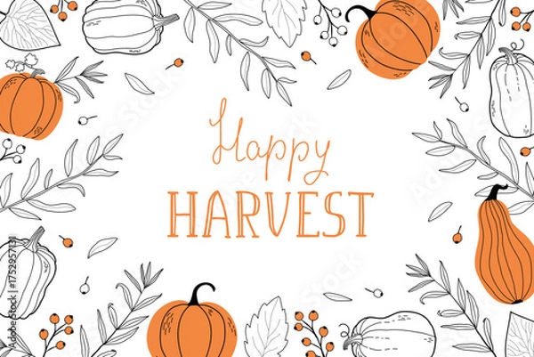 Fototapeta Hand-Drawn Happy Harvest Lettering with Leaves and Pumpkins. Vector illustration.