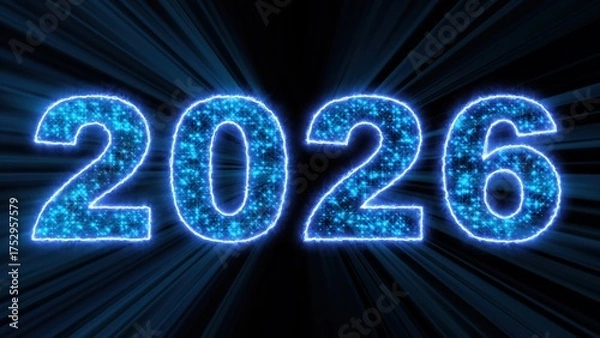 Obraz 2026 glowing neon technology text. Computer generated 3d render