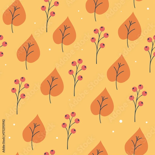 Obraz Seamless Autumn Pattern Featuring Orange Leaves and Red Berries on Yellow Background with Subtle White Speckles and Transparent Overlay Ideal for Seasonal Decor and Design Elements