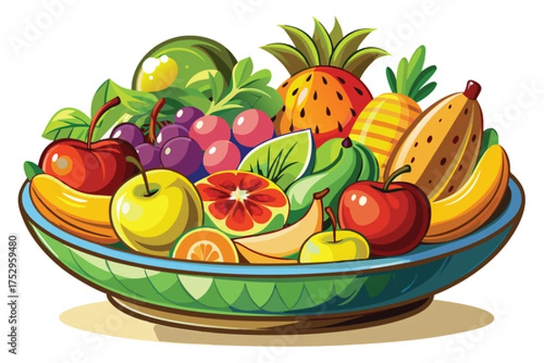 Fototapeta Vibrant assortment of fresh fruits like grapes, apples, bananas, and pineapple in a beautifully decorated bowl
