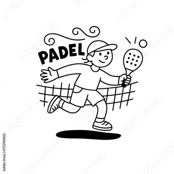 Obraz Child Playing Padel Vector Illustration — Fun Cartoon Sport Design in Black and White