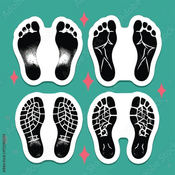 Fototapeta Four sets of footprints showing different stages of wear and tear