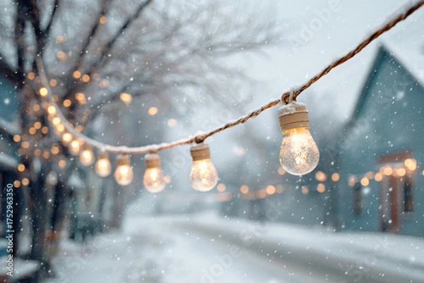 Obraz Festive string lights glowing outdoors during a winter snowstorm. Close-up of a holiday light bulb in the snow. Christmas and New Year decoration.