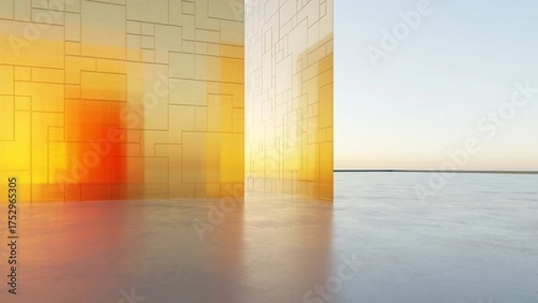 Fototapeta 3d render of abstract architecture background, Minimal geometry architectural, Steel panel architectural design,Geometric metal building, Empty concrete floor for car presentation