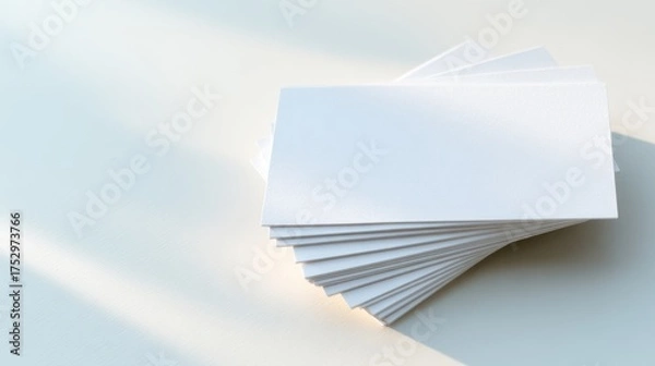 Fototapeta A stack of blank business cards resting on a soft surface, illuminated by gentle sunlight