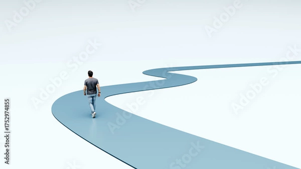 Fototapeta Man walking on a long winding path representing opportunities, ambition, motivation, perseverance, determination, and the ongoing journey toward success and growth - 3d render