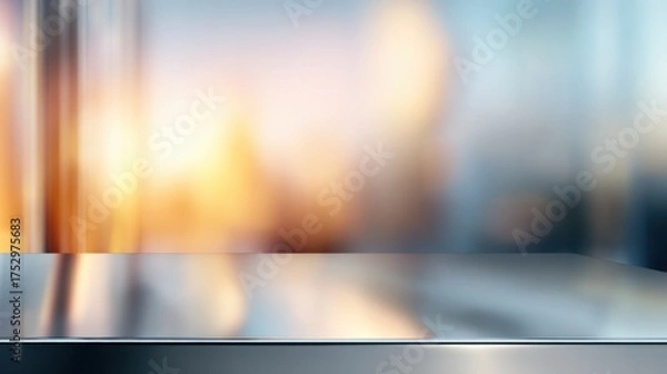 Fototapeta Abstract blurred background with soft colors, showcasing a reflective surface and cityscape at sunset