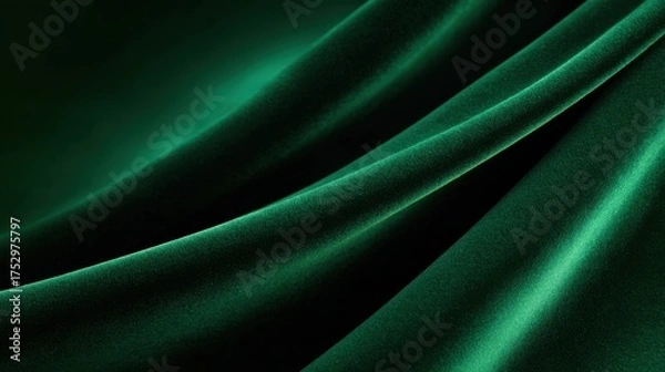 Fototapeta Elegant dark green satin fabric draping gracefully, creating soft waves and shadows in a serene setting