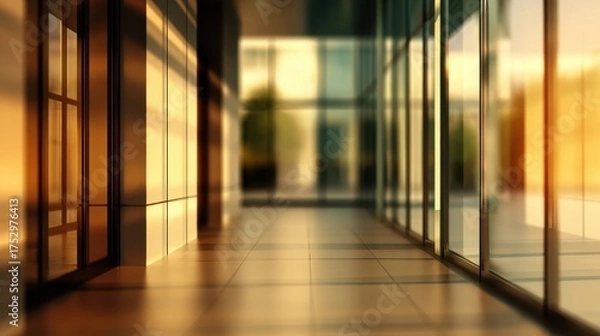 Fototapeta Modern office hallway with glass walls reflecting warm sunlight and greenery in the background