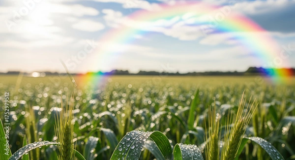 Obraz Agricultural field with fresh dewdrops on green crop leaves and wheat. Rainbow spectrum light effect over rural farmland landscape with sparkling water droplets, morning moisture, bokeh background,