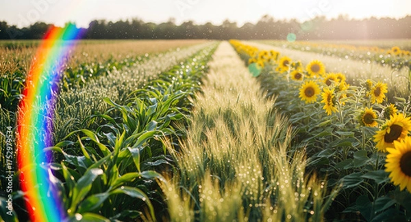 Obraz Diverse agricultural crops with sunflowers, wheat, corn, and vegetables in field rows. Rainbow spectrum overlay on farmland landscape with sparkling bokeh, natural sunlight, and rural horizon