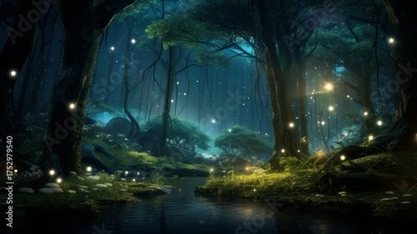 Obraz Magical forest with glowing fireflies and a tranquil river. woods with mystical light