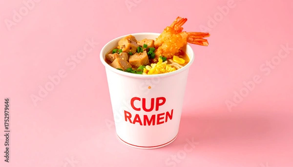 Obraz カラフルな具材と香ばしい香りが漂うインスタントカップラーメンの臨場感