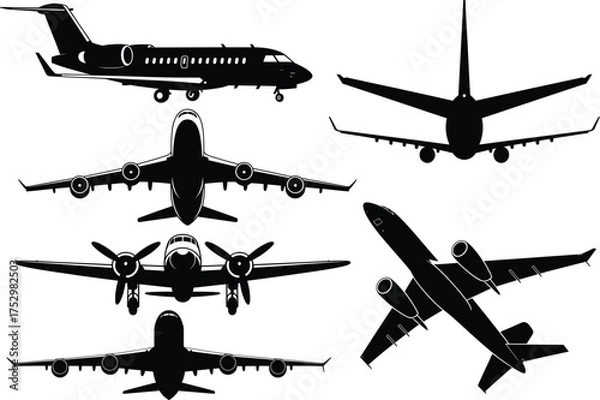 Fototapeta Airplane Silhouette Clipart SVG Vector Illustration. Flying Aircraft for Travel and Aviation Theme. Jet Airplane, Aircraft, Flight and Transportation Design Bundle.