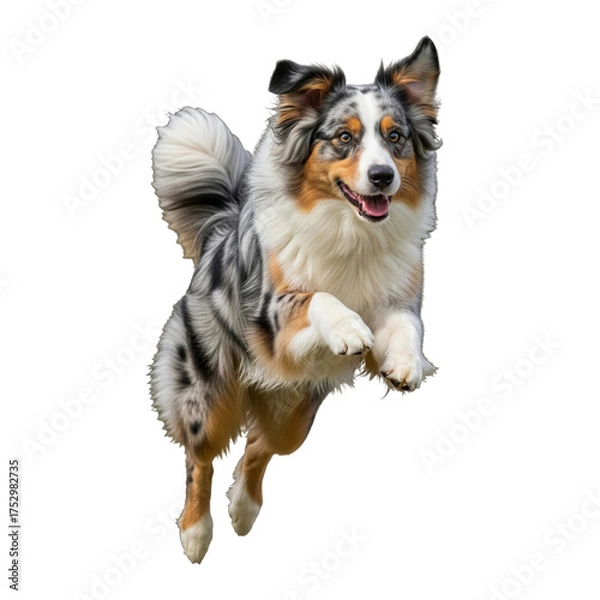 Fototapeta Blue Merle Australian Shepherd dog leaping in the air, showcasing agility and joy against a clean white backdrop,perfect for pet-related designs and projects