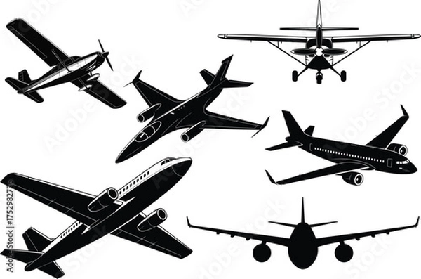 Fototapeta Airplane Silhouette Clipart SVG Vector Illustration. Flying Aircraft for Travel and Aviation Theme. Jet Airplane, Aircraft, Flight and Transportation Design Bundle.