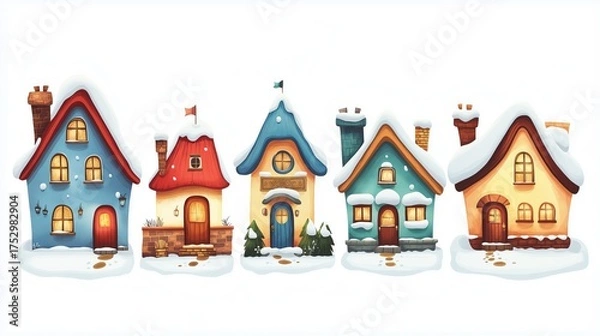 Fototapeta Set of small houses with cheerful colors create a cozy village atmosphere