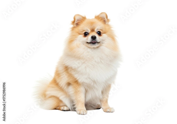 Obraz Isolated fluffy tan Pomeranian dog sitting patiently, facing camera, adorable happy pet