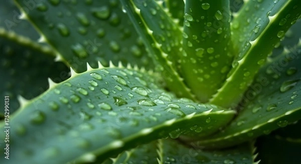 Fototapeta Aloe plant with water droplets highlighting its green leaves and sharp spines