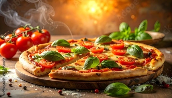 Fototapeta Margherita pizza with tomatoes and basil.
