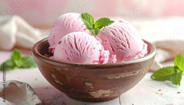 Obraz Strawberry ice cream scoops on bowl.