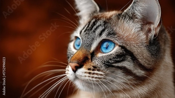 Fototapeta Close-up Portrait of a Striking Cat with Piercing Blue Eyes and Brown Fur